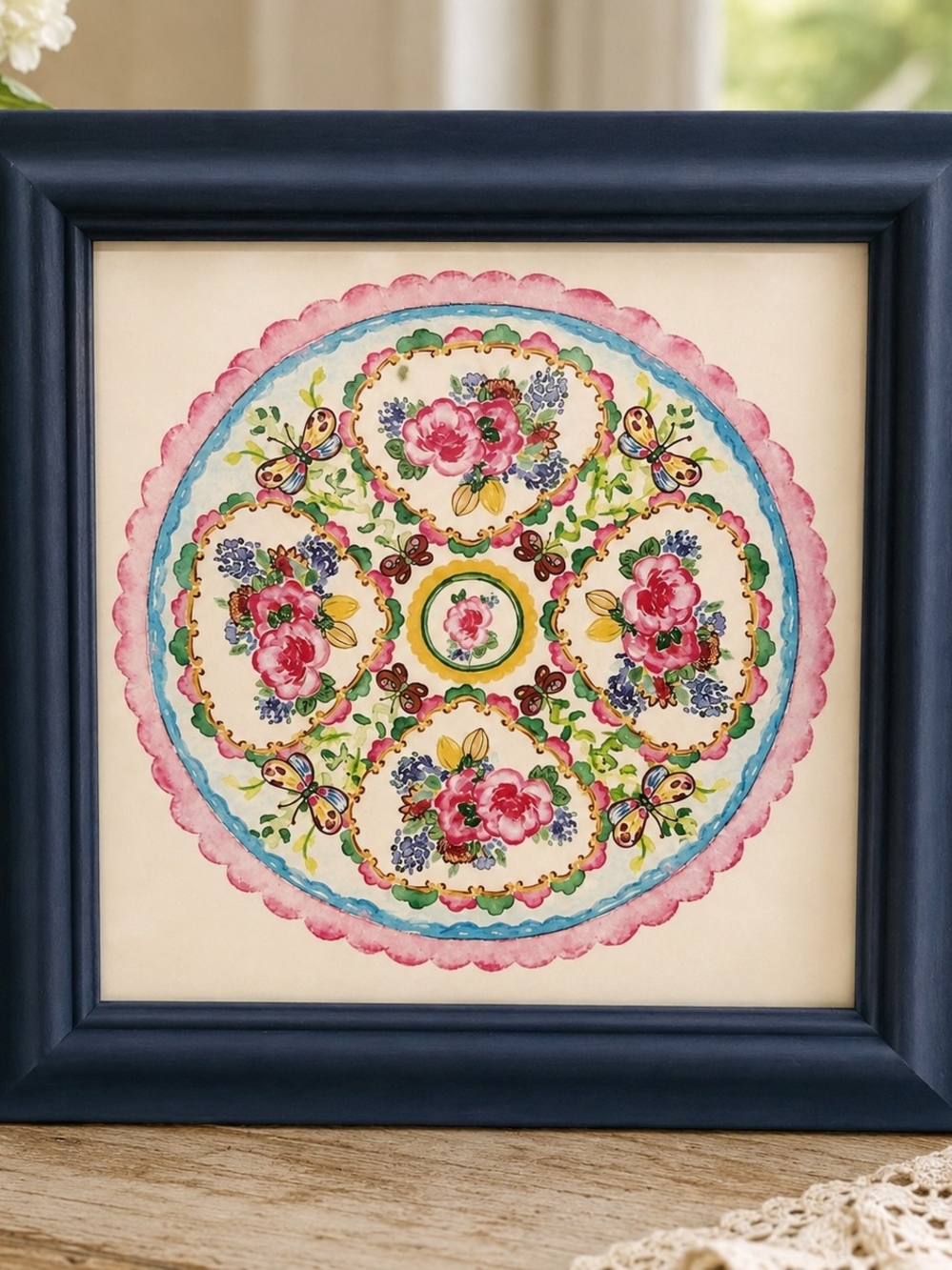 Rose Medallion Inspired Framed Floral Art - Pink, Blue, Green Grabd Millenial